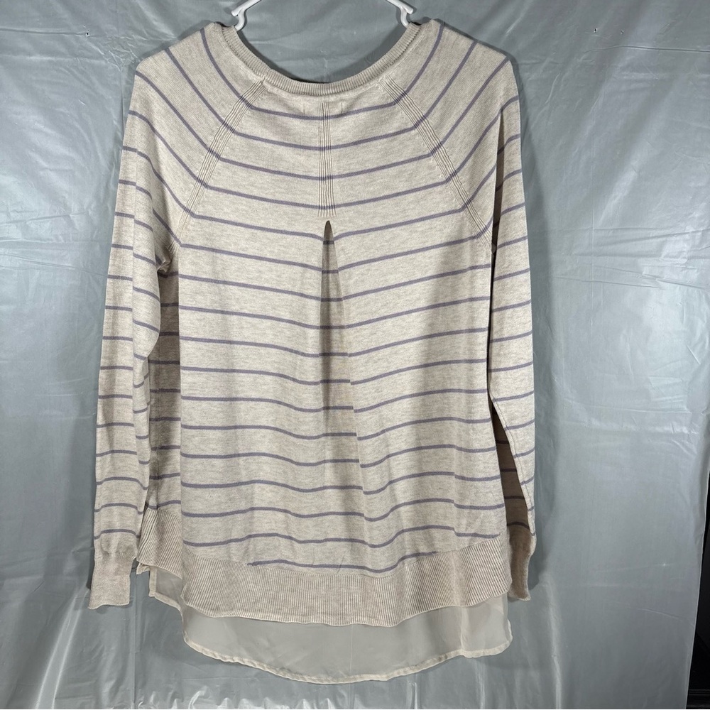 Maurices Sweater Womens M Gray Purple Striped Faux Layered Chiffon Hem Pullover - Picture 2 of 8